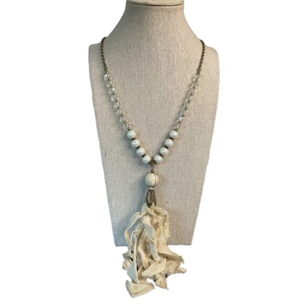 W signed Tassel Necklace with Crystal and Pearl Beads